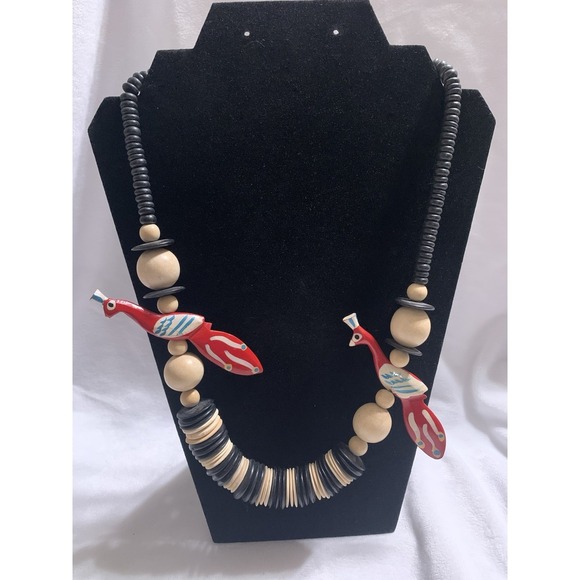 Parrot Jewelry - Vintage Wooden Hand Carved & Painted Parrots & Flat Beads Tropical Necklace